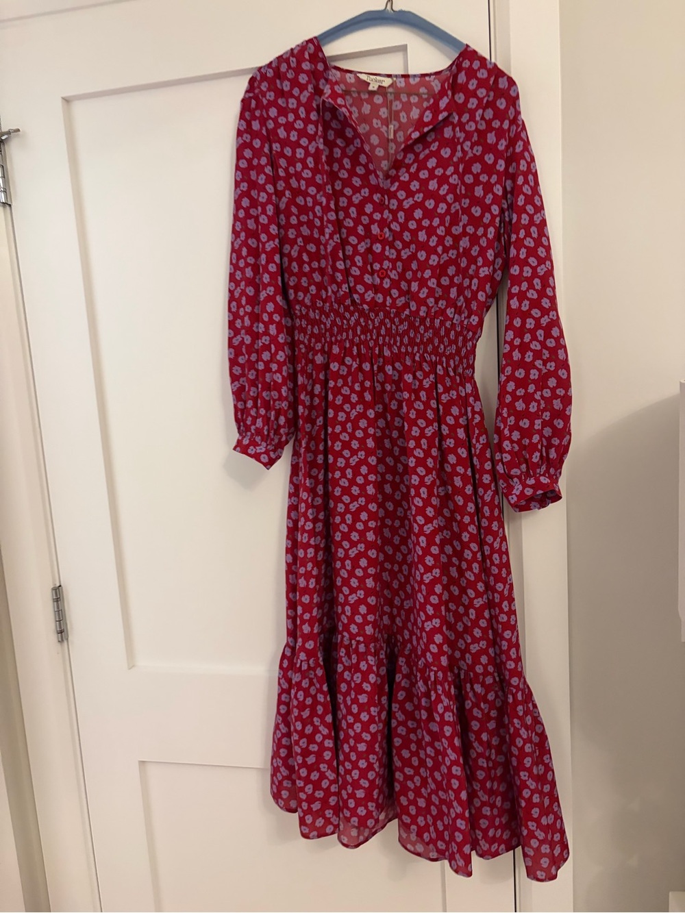Tucker Red Midi Dress with Blue Floral Print
